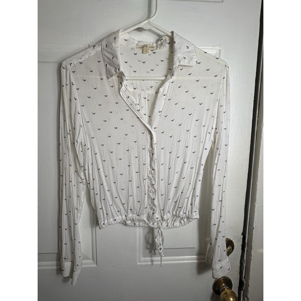 Cloth & Stone White Print Button Front Top XS Long Sleeve Drawstring